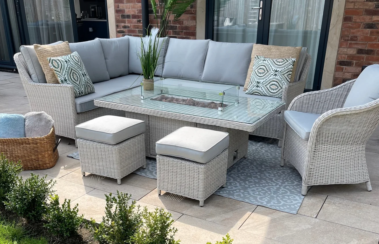 Porto Luxury Half Round Rise and Fall Fire Pit Sofa Set with Arm Chair