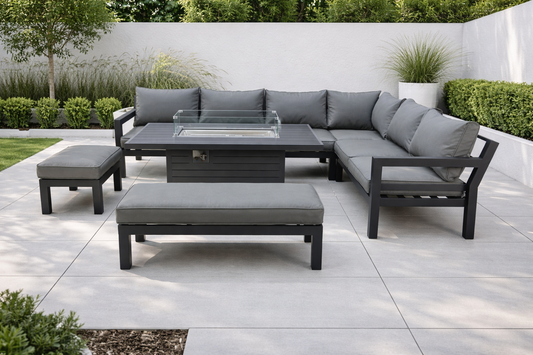 Helsinki Aluminium Modular Corner Sofa wit Rise and Fall Fire Pit Table