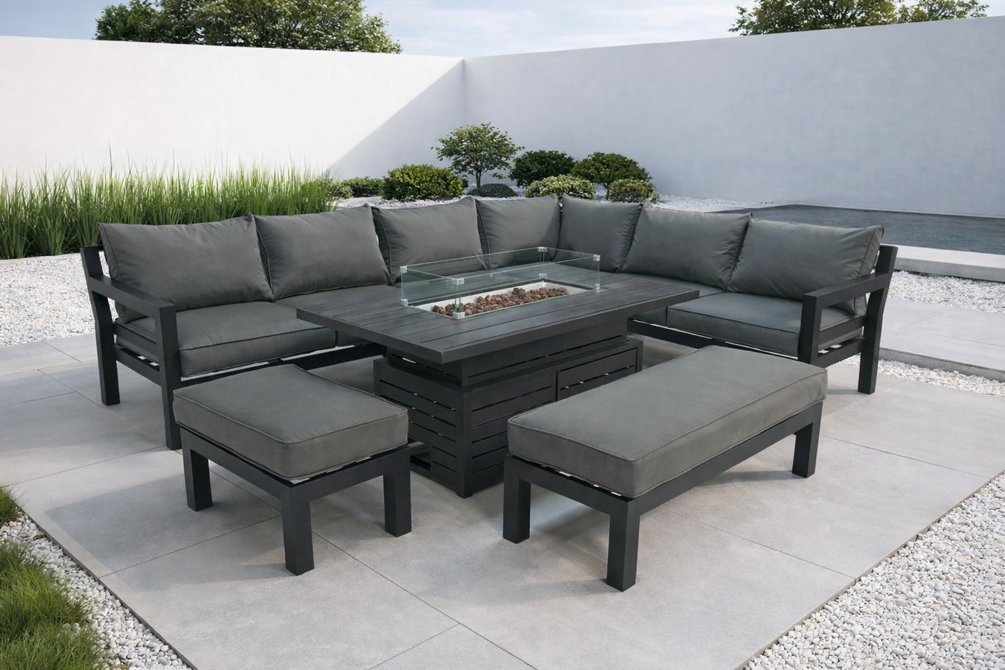 Helsinki Aluminium Modular Corner Sofa wit Rise and Fall Fire Pit Table
