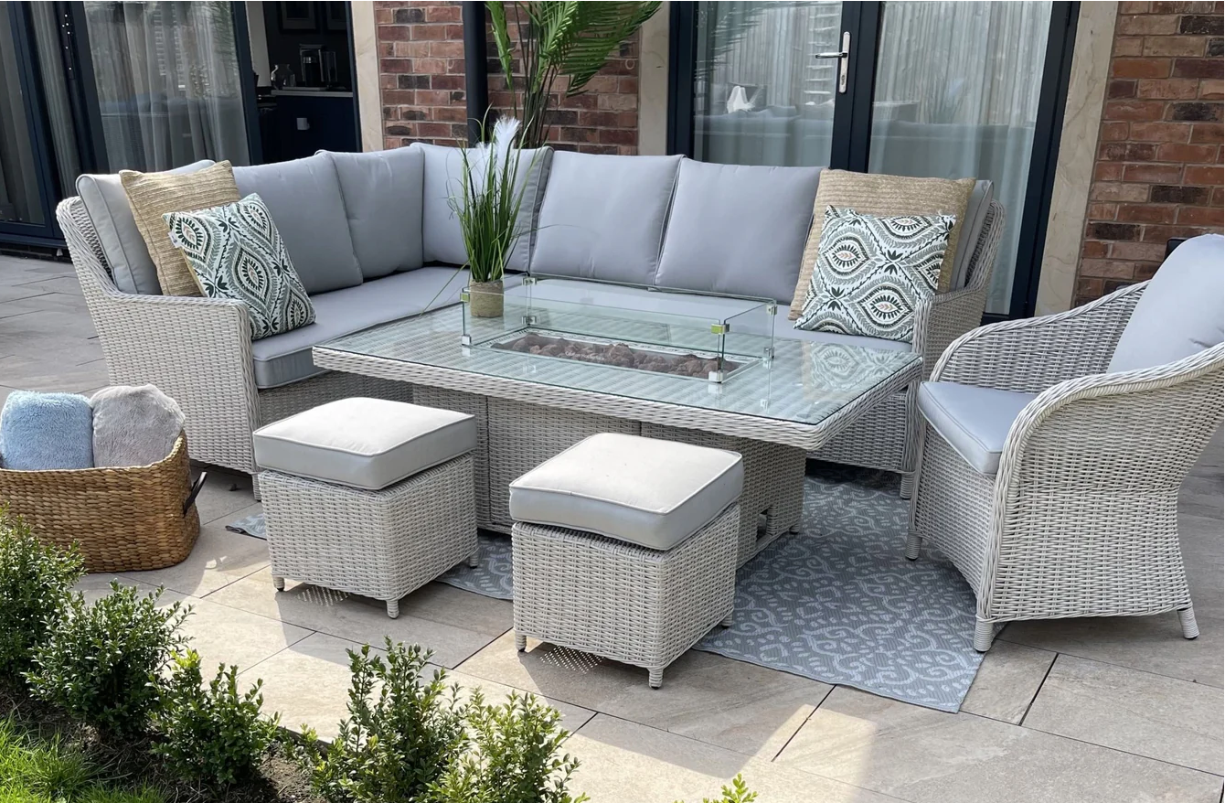 Porto Luxury Half Round Rise and Fall Fire Pit Sofa Set with Arm Chair